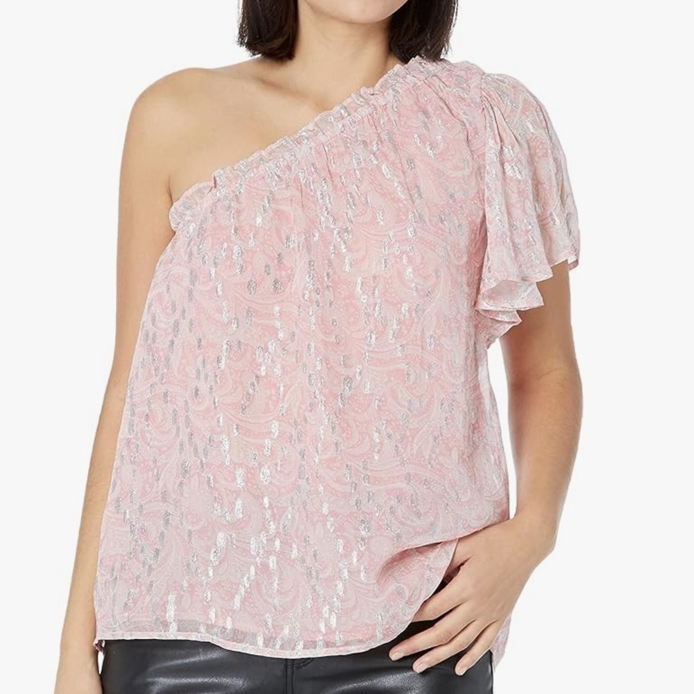 RAMY BROOK Eleanor Pink & Metallic One Shoulder Ruffle Blouse Size Medium